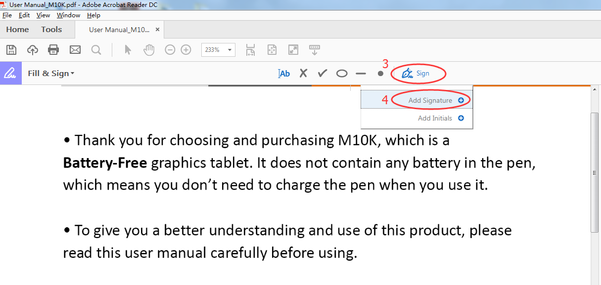 click 'sign' and choose 'add signature' in Adobe Acrobat Reader DC