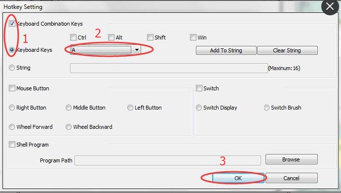 select ‘Keyboard Combination Keys’, ‘Keyboard Keys’ and select ‘A’ from the drop-down menu of ‘Keyboard Keys' from GAOMON driver