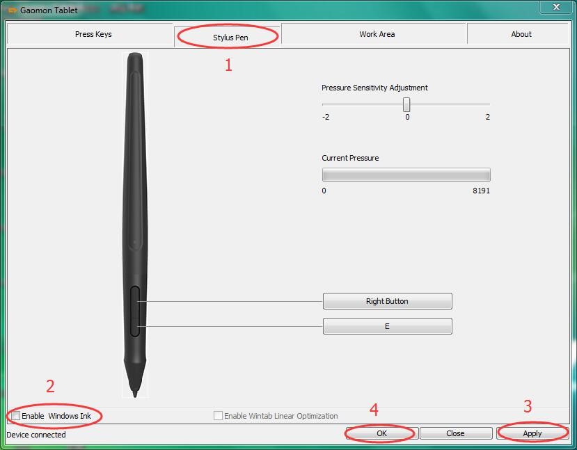 Deselect box of 'Enable windows ink' in GAOMON tablet driver interface