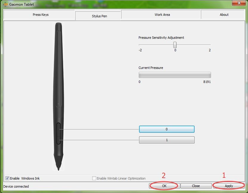 Click Apply and then OK to save changes in GAOMON tablet driver