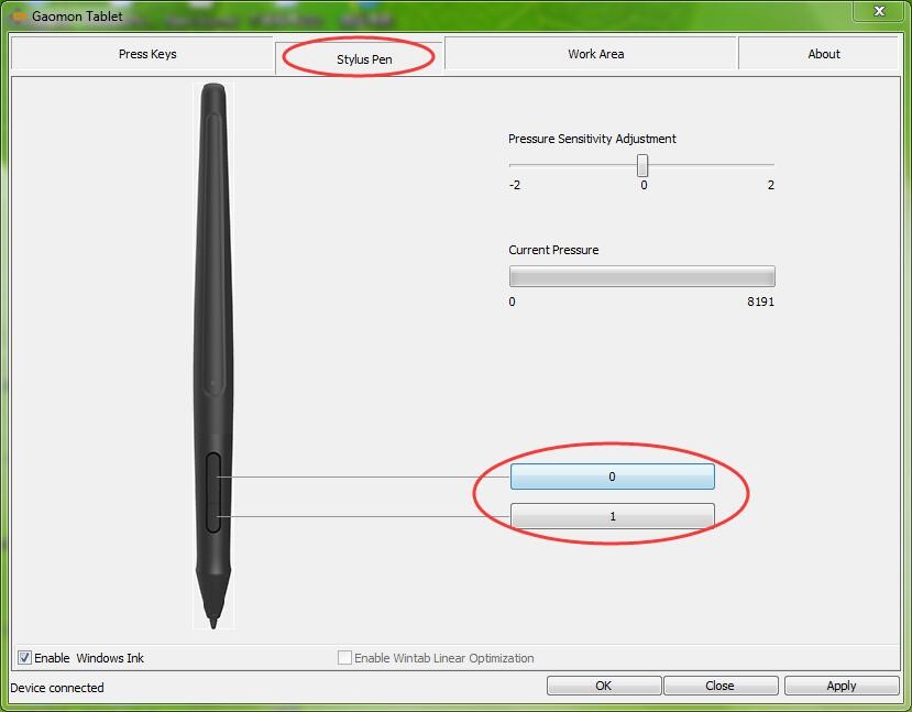 Use the same way to set the Express Keys of the stylus of PD1560 into '1' and '0'