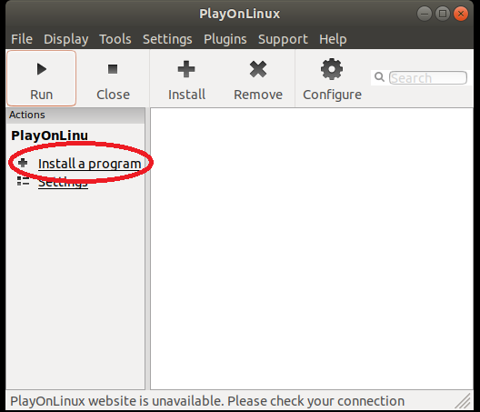 open the interface of PlayOnLinux and click the ‘Run’ option and then select ‘Install a program’ 