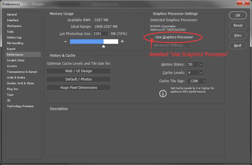 deselect 'use graphics processor'--to resolve GAOMON delay issue in Photoshop