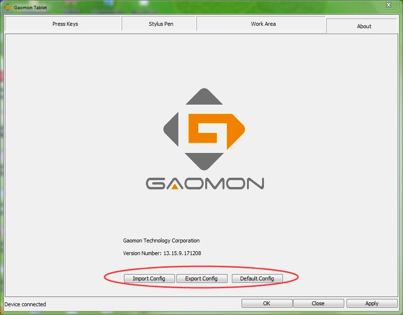 Export, Import, Default buttons in GAOMON driver interface