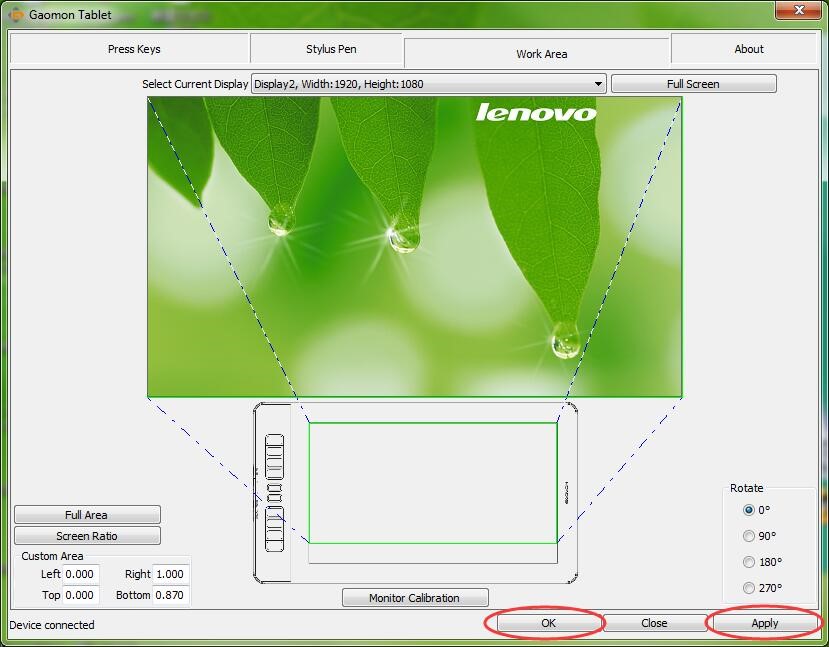 Click ‘Apply’ and then ‘OK’ to save changes in GAOMON PD1560 driver interface