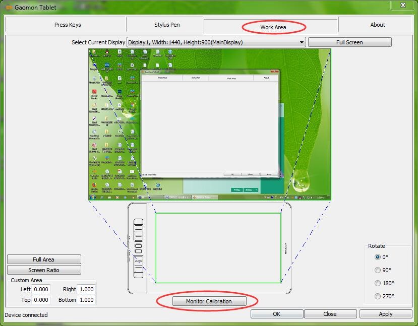 Open GAOMON graphic driver and Click “Work Area” and then “Monitor Calibration”